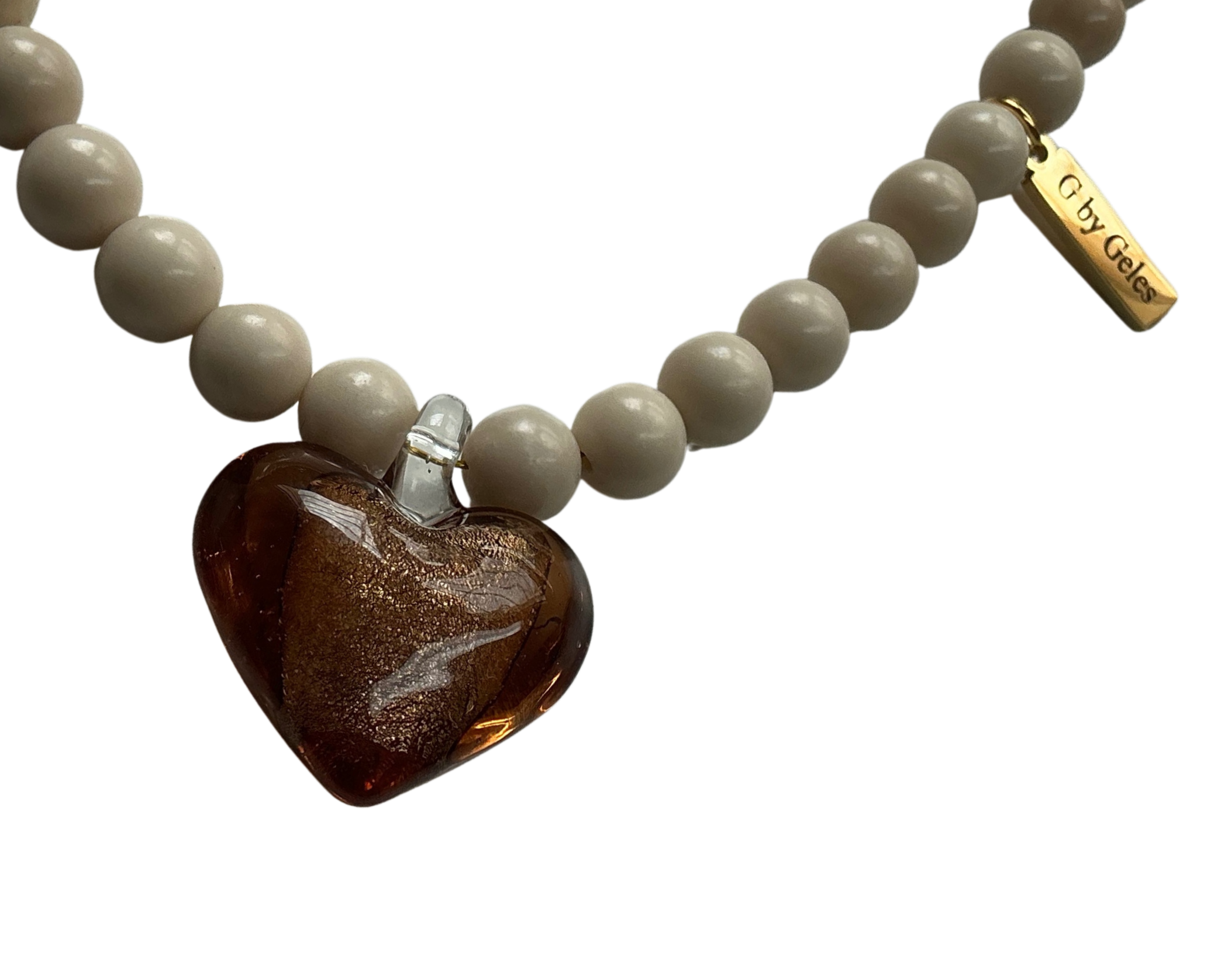 Collar Corazón de Jaspe Beige Corto y Cristal Marrón - Imagen 2