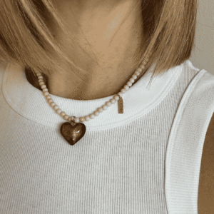 Collar Corazón de Jaspe Beige Corto y Cristal Marrón