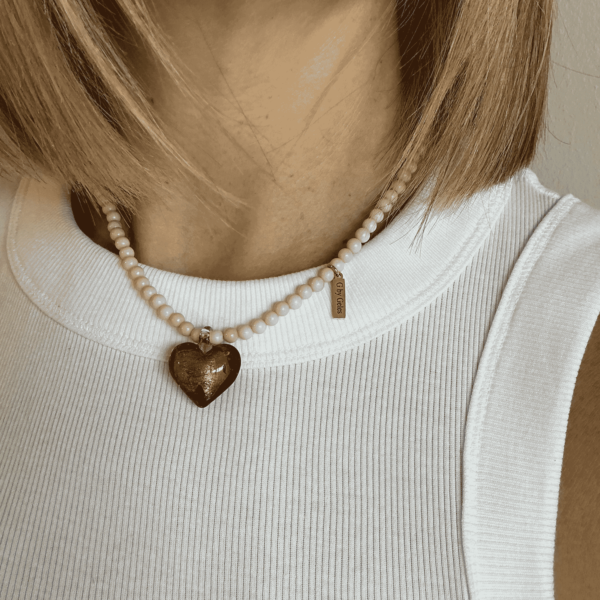 Collar Corazón de Jaspe Beige Corto y Cristal Marrón