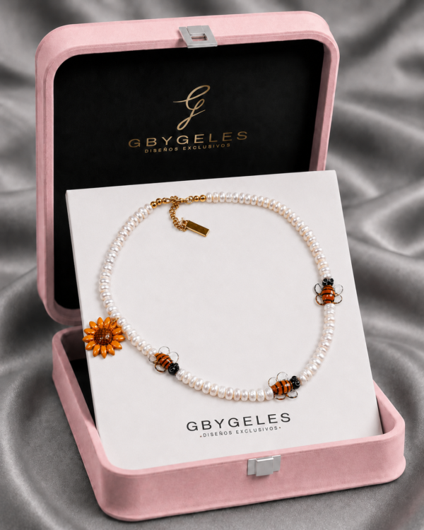 Perlas Naturales con Abejas de Cristal y Girasol