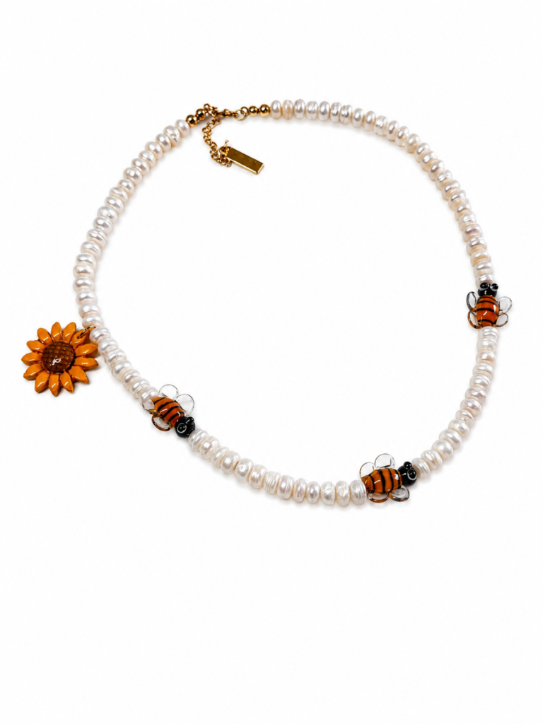 Perlas Naturales con Abejas de Cristal y Girasol