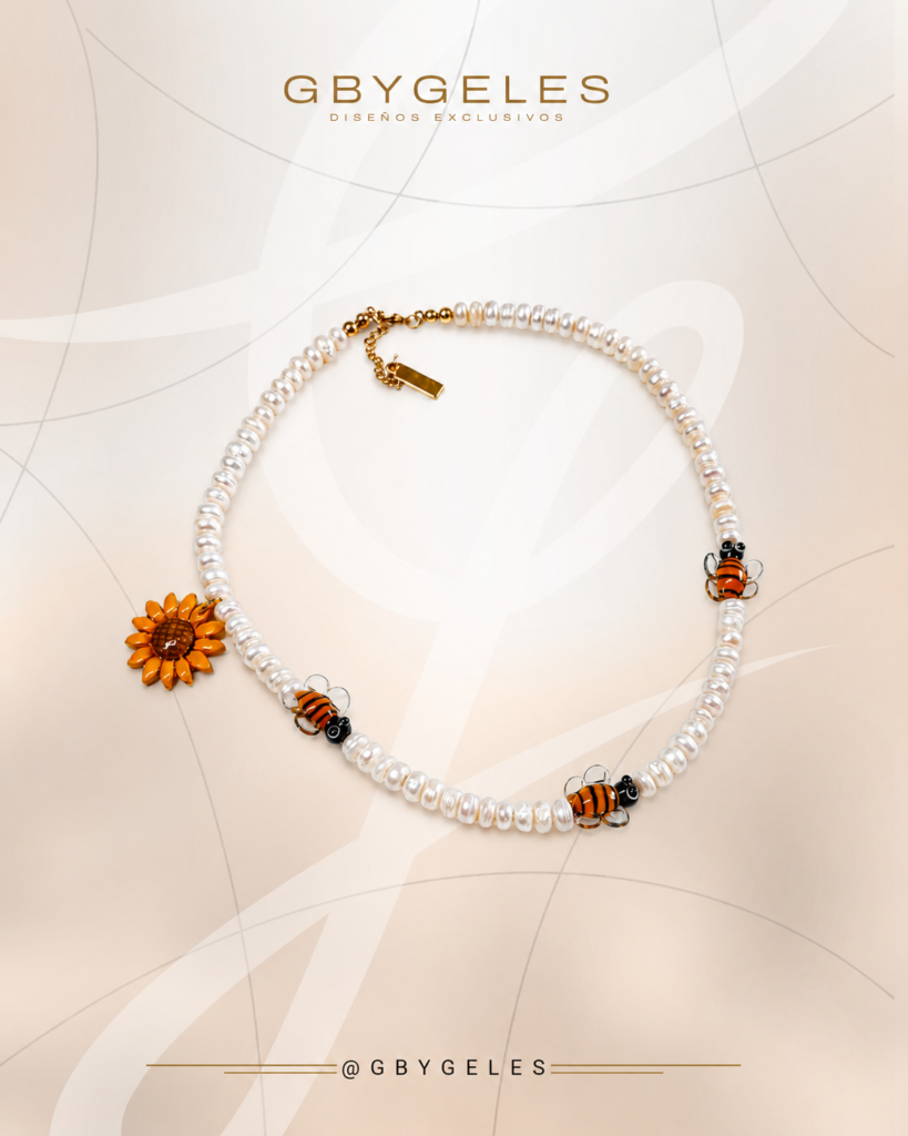 Perlas Naturales con Abejas de Cristal y Girasol GbyGeles