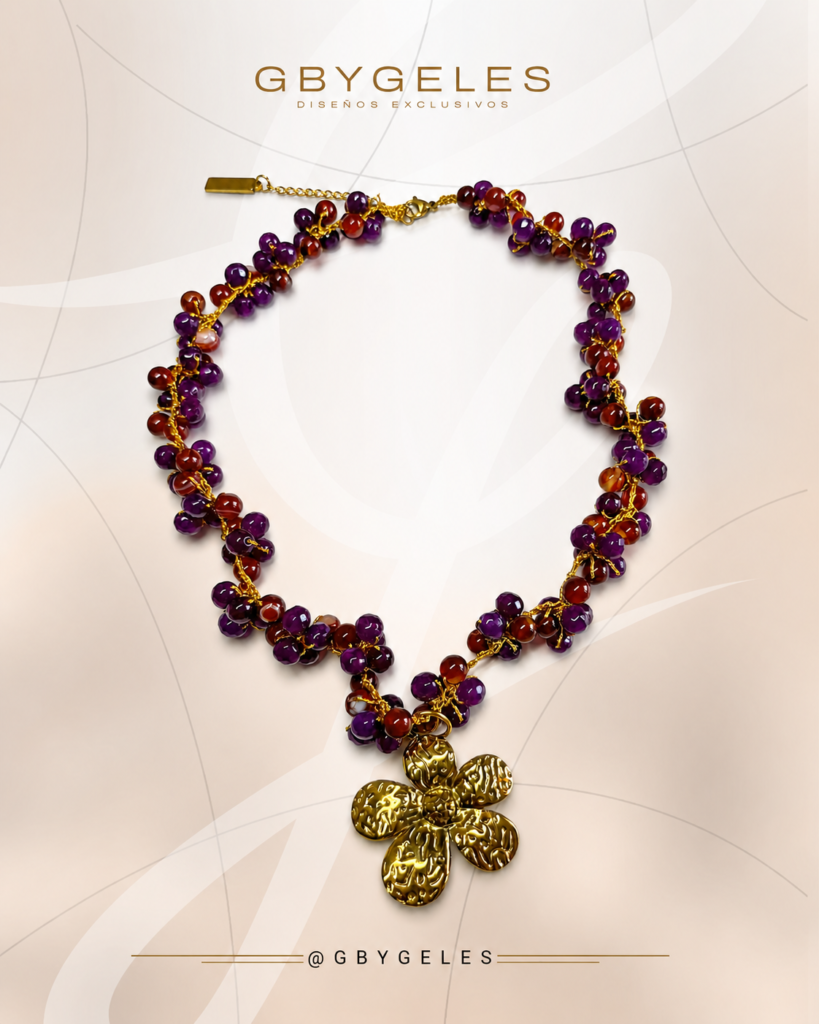 Crochet con Flor en Acero Inoxidable y cuentas Morado GbyGeles
