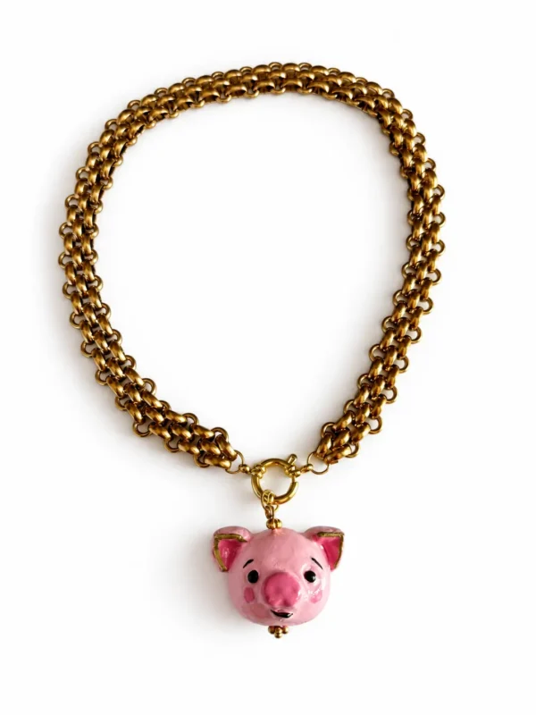 Collar Cerdito de Cerámica Artesanal con Cadena de Acero Inoxidable
