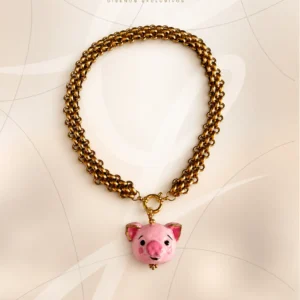 Collar Cerdito de Cerámica Artesanal con Cadena de Acero Inoxidable GbyGeles
