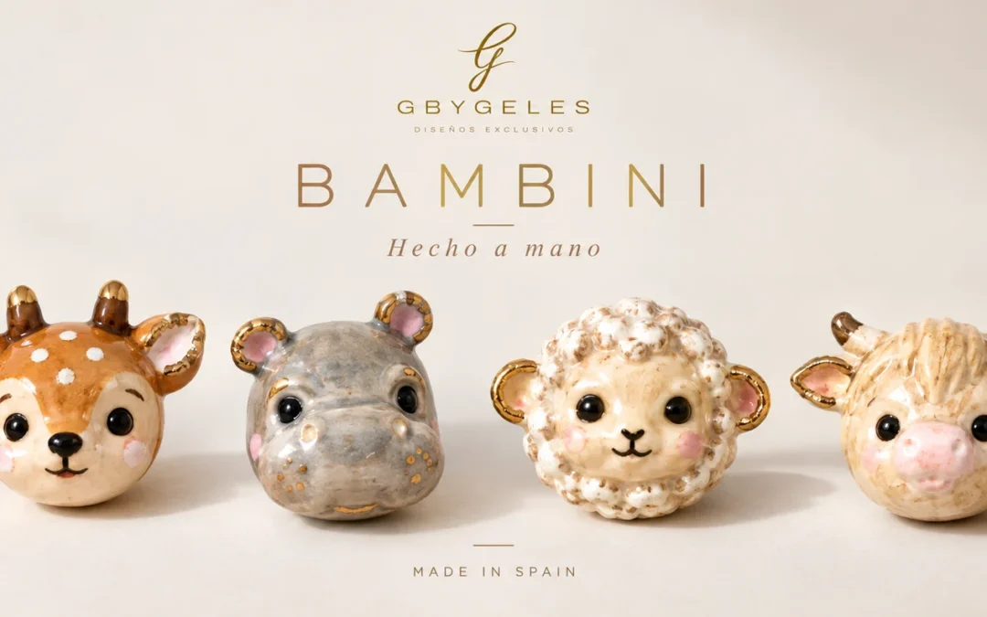Edición Bambini de GbyGeles: ciervo, hipopótamo, ovejita y vaca escocesa de cerámica pintados a mano. Made in Spain.